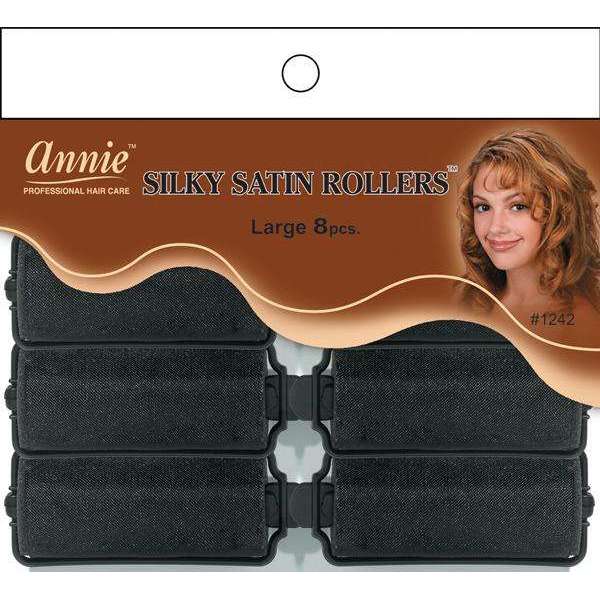 ANNIE SILKY SATIN ROLLERS 8PCS LG BLACK-Annie- Hive Beauty Supply